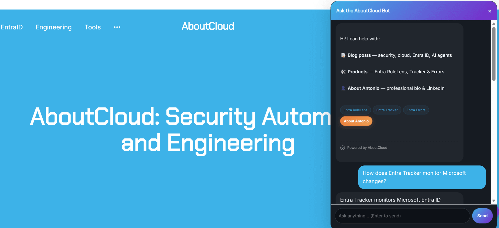 Meet "Ask AboutCloud" . An AI chatbot for the blog and the ENTRA ID Community , with safety receipts